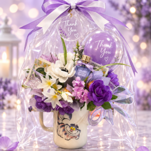 Curious Blooms tea, chocolate and candle mug bouqet gift set