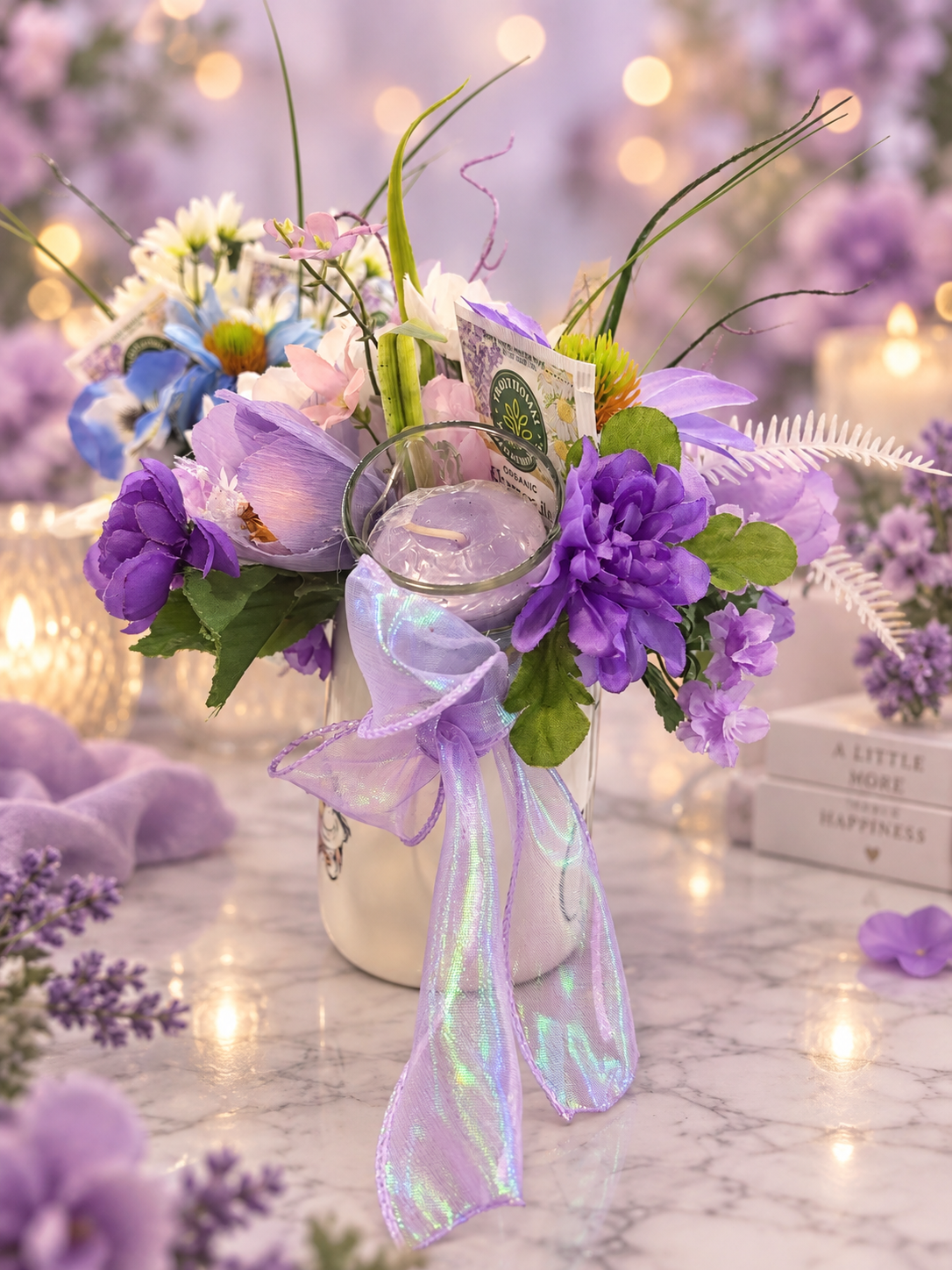 Curious Blooms tea, chocolate and candle mug bouquet gift set