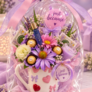 Hearts and Bows Tea Chocolate and Candle Mug Bouquet Gift Set