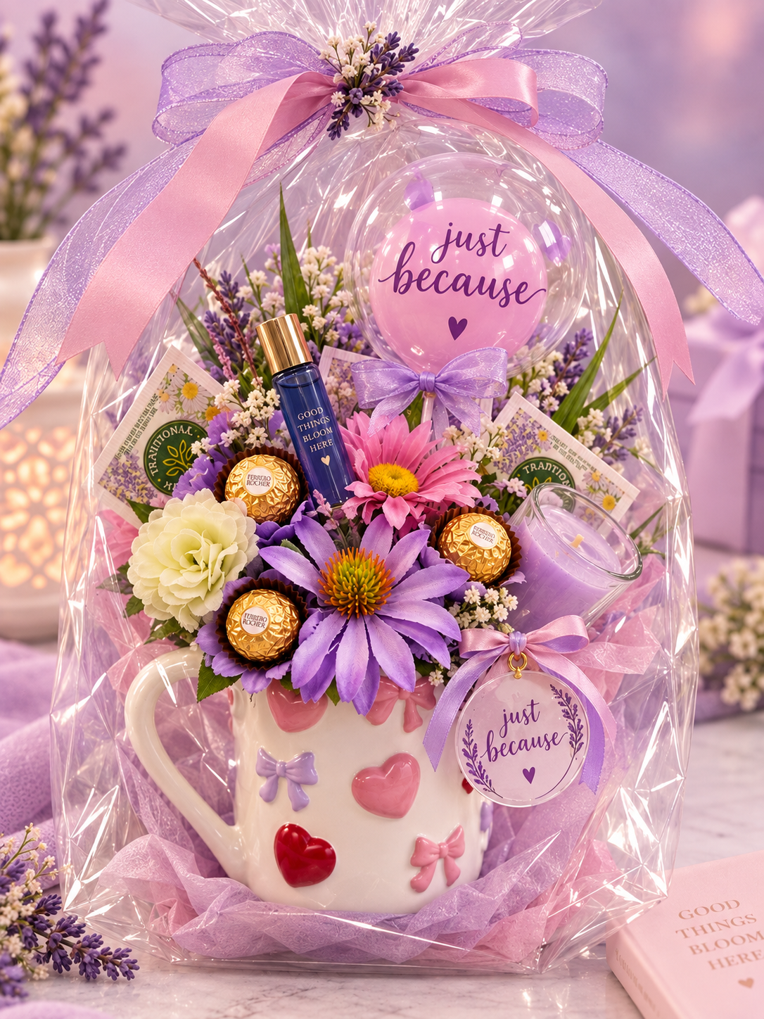 Hearts and Bows Tea Chocolate and Candle Mug Bouquet Gift Set