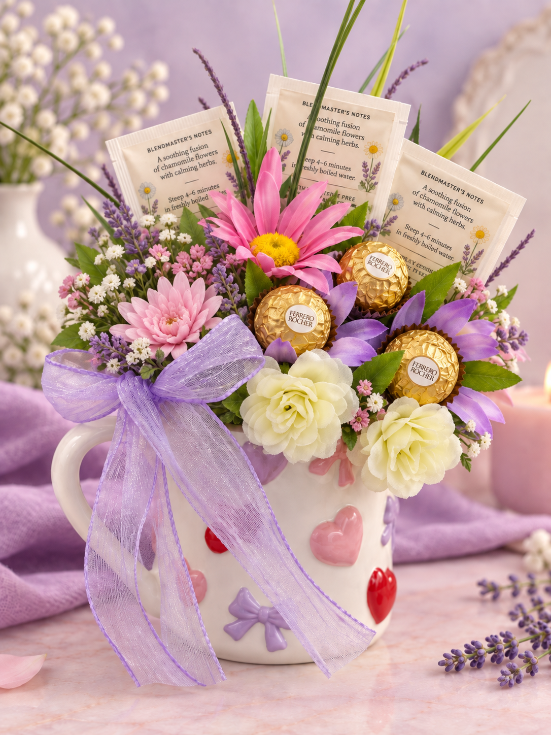 Hearts and Bows tea chocolate and candle mug bouquet gift set