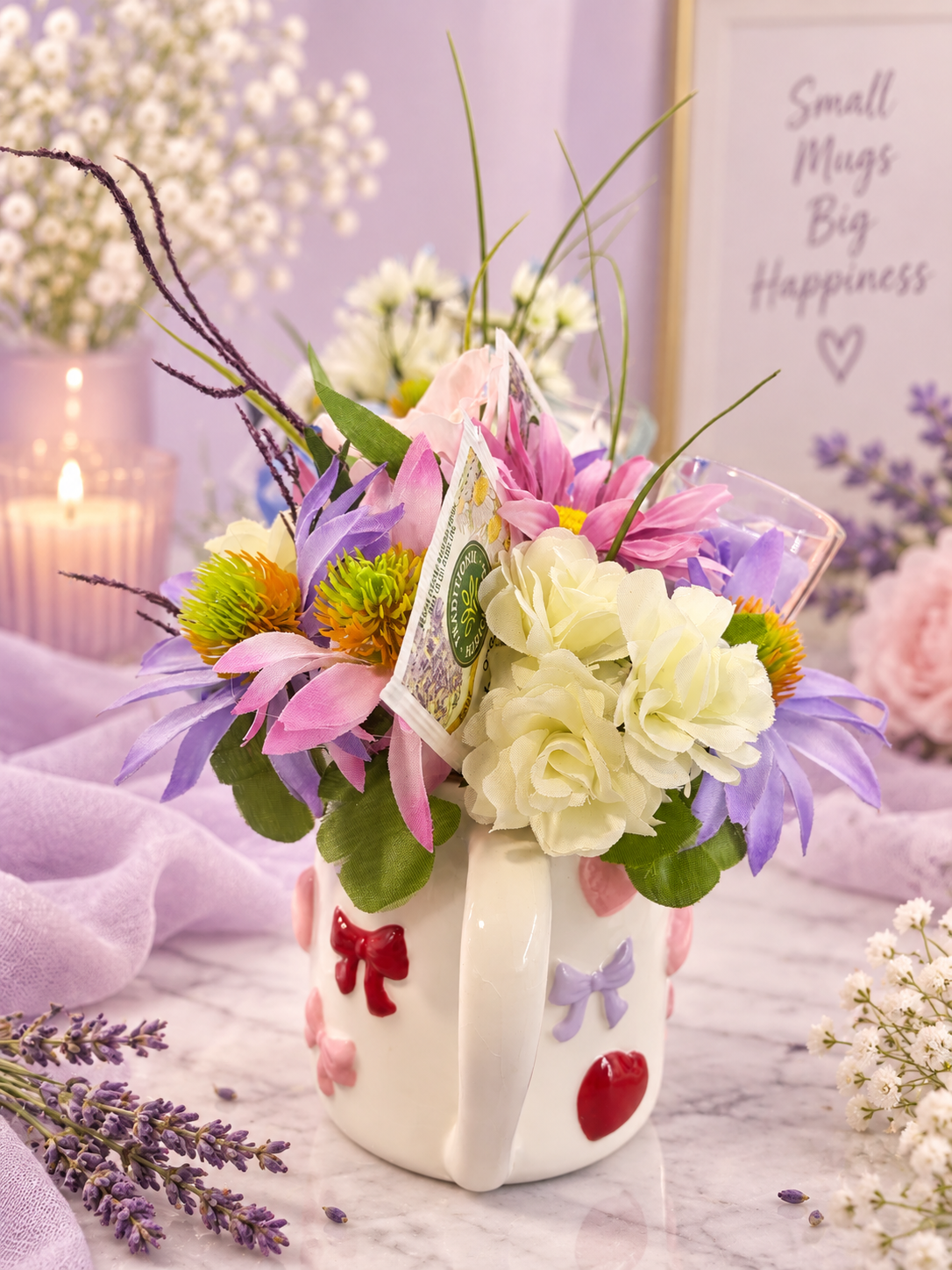 hearts and bows tea chocolate and candle mug bouquet gift set