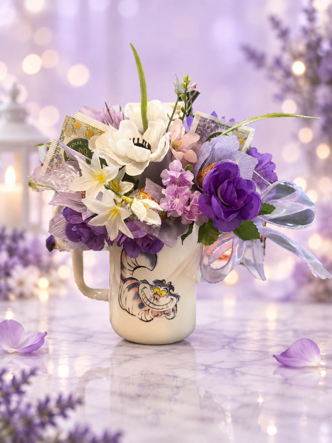 Curious Blooms tea, candle and chocolate mug bouquet gift set