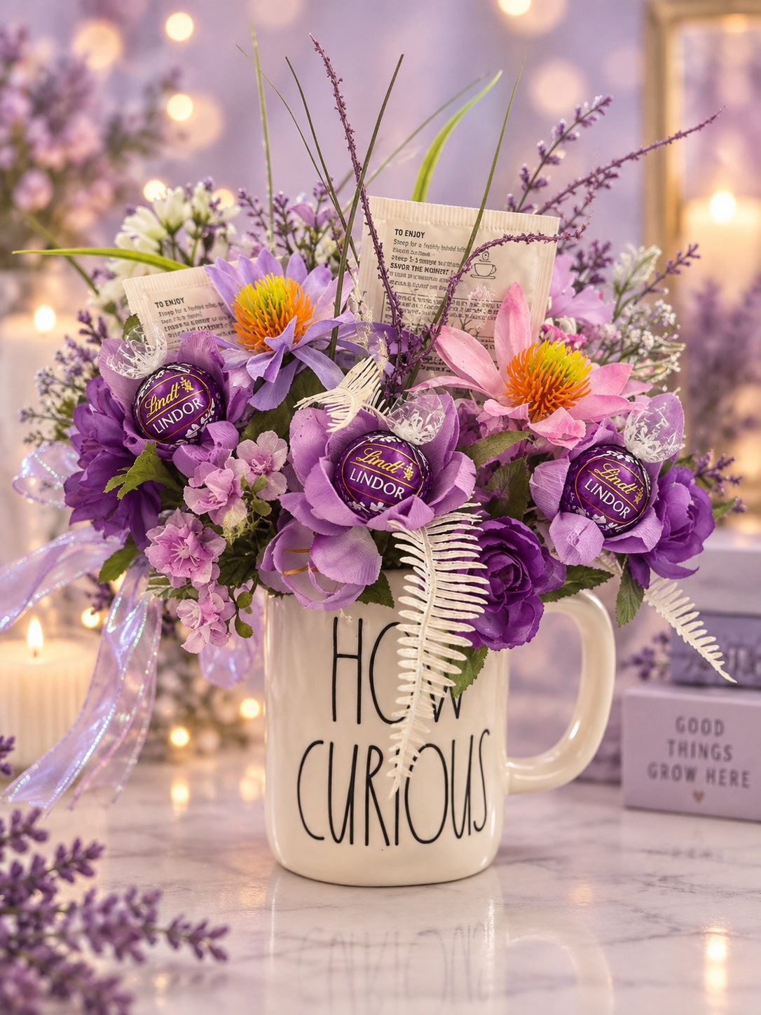 Curious Blooms tea, chocolate and candle mug bouquet gift set