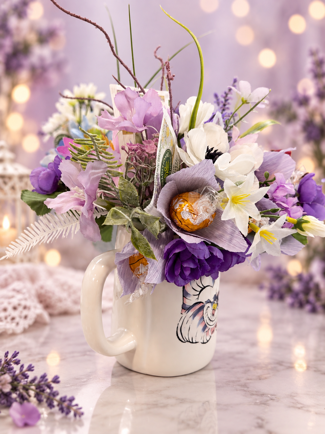 Curious Blooms tea, candle and chocolate mug bouquet gift set