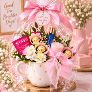 blush romance tea chocolate and candle mug bouquet