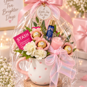 Blush Petals and Pampering tea chocolate and candle mug bouuquet