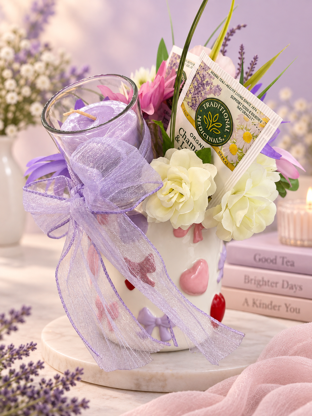 Hearts and Bows tea, chocolate and candle mug bouquet gift set