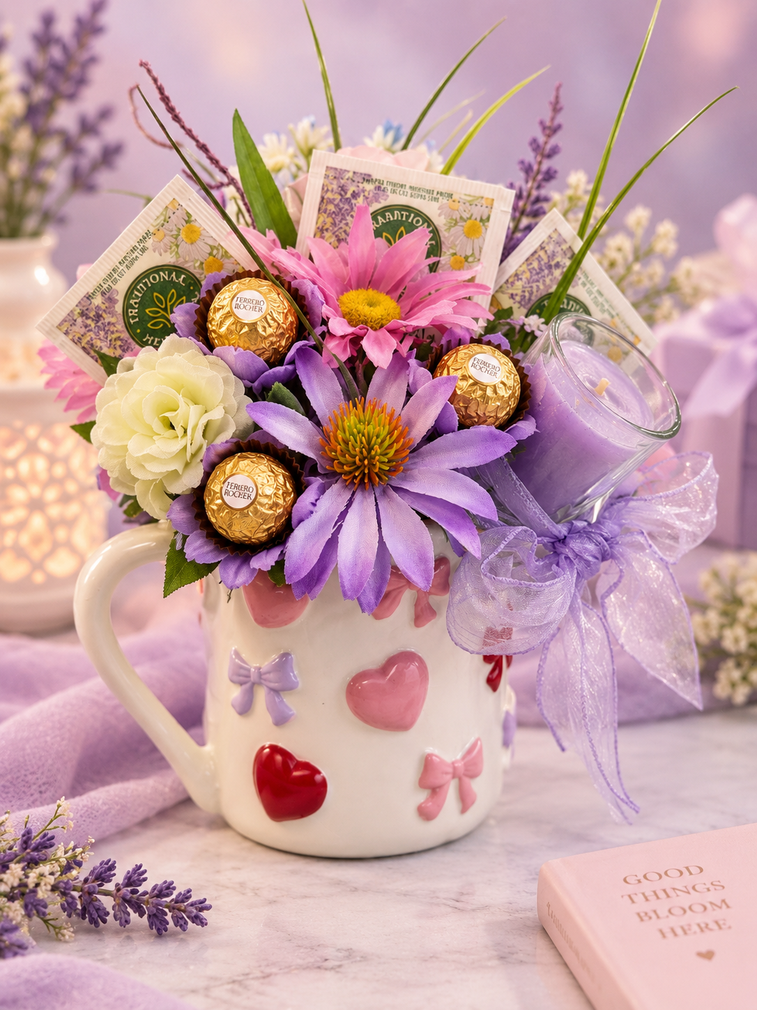 Hearts and Bows Tea, Chocolate and Candle Mug Bouquet Gift Set - Image 2